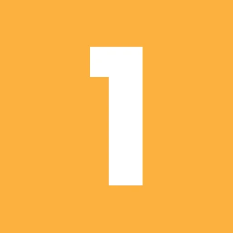 Number one icon in white on an orange square background representing the first step in the home buying process.