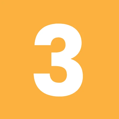 Number 3 icon in white on an orange square background representing the first step in the home buying process.