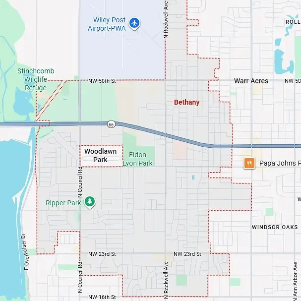 Detailed city map highlighting local real estate service boundaries.