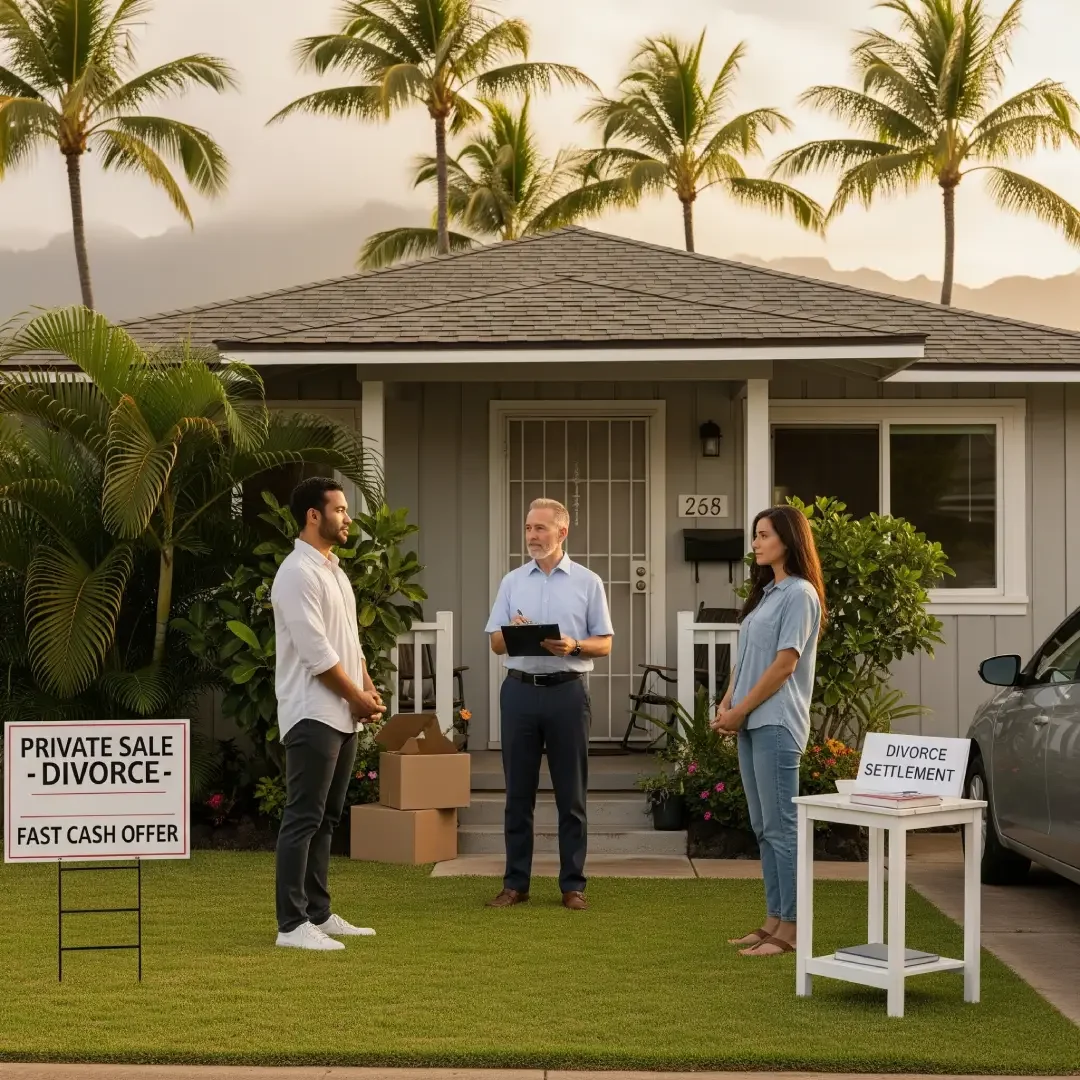 Investor explaining sale terms to a couple in a residential outdoor setting.