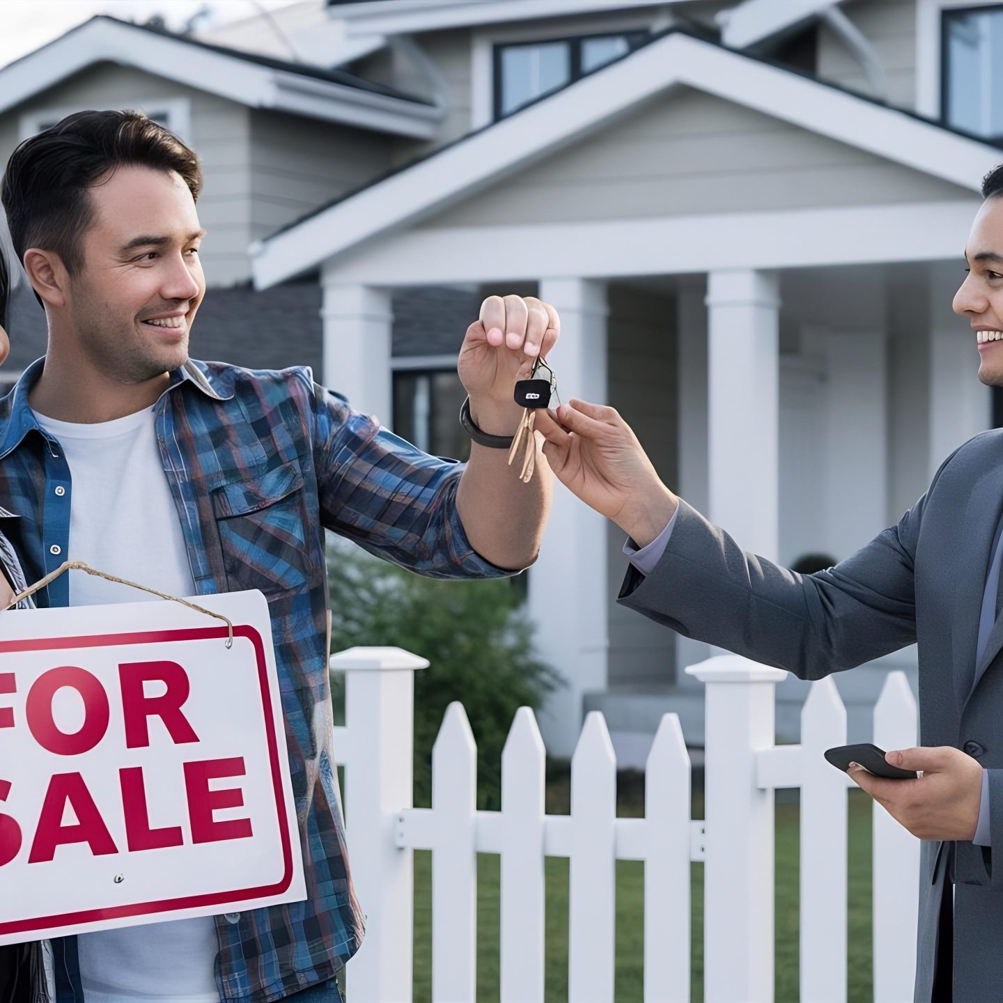A happy couple holding house keys next to a real estate professional.