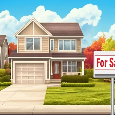 Two-story family home with a red sale sign on the lawn.
